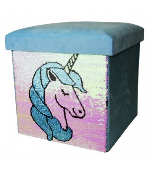 Коробка / пуф для іграшок єдиноріг з паєтками , голубий колір