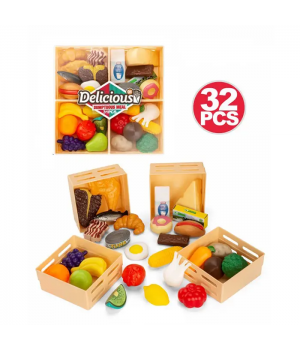 Продукти 32 предмети (фрукти, овочі,фаст-фуд, солодощі), 4 ящики, у плівці 27-27-6см